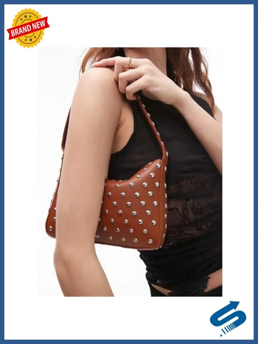 Studded Vegan Leather Shoulder Bag with Zipper, Y2K Punk Hobo Purse
